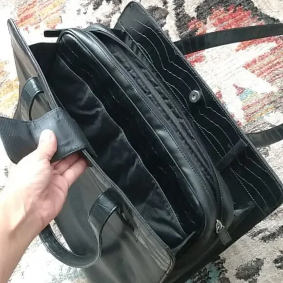 EUC BUXTON Black Leather Briefcase/Computer Bag w/Silver Hardware 13x16 in. - Picture 6 of 11